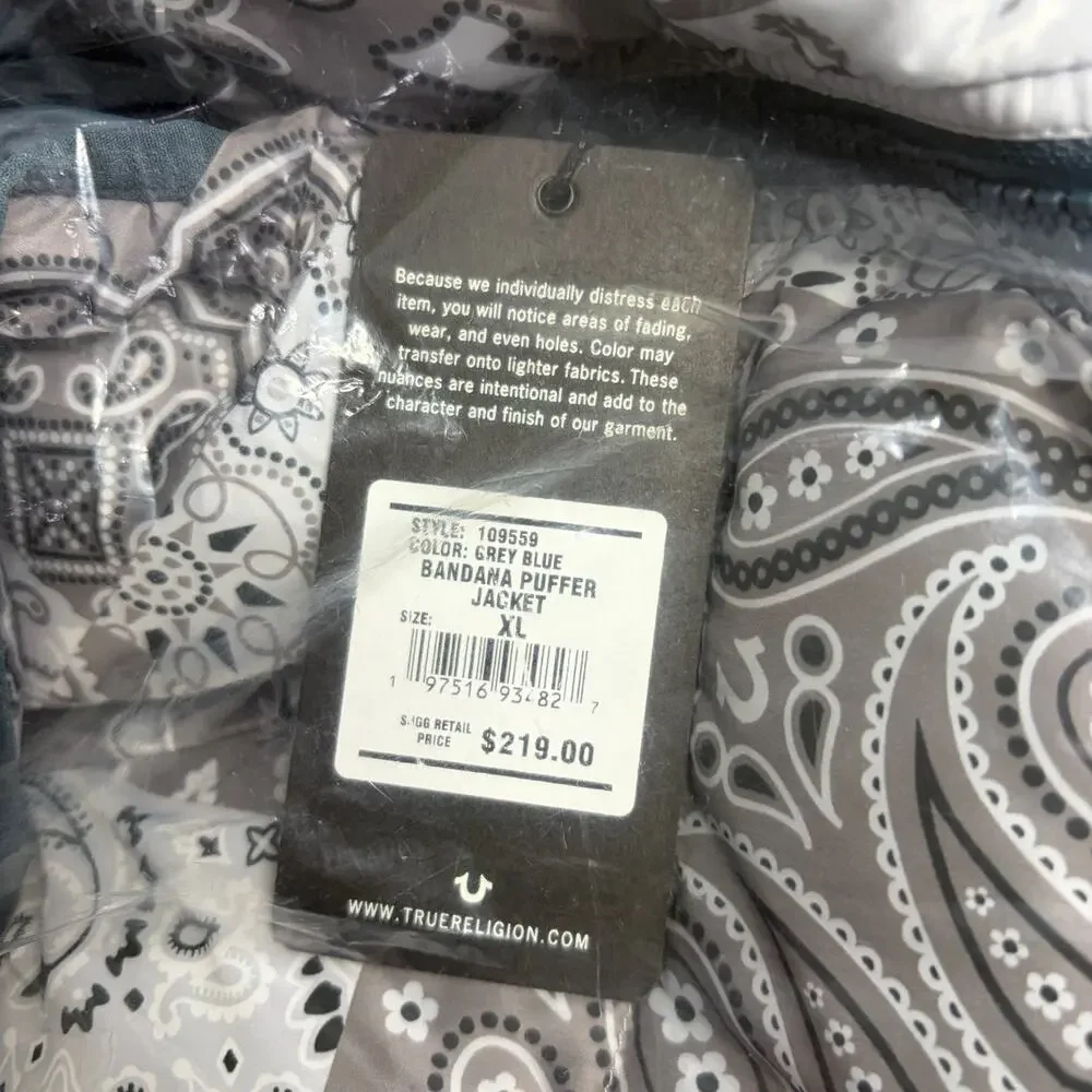 True Religion Hood Puffer Jacket XL Grey Blue Bandana NWT